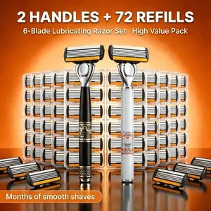 2 Handles + 72 Refills Luxury Shaving Kit | Featuring a Six-Layer Blade System, Ergonomically Designed Handles, Precision Crafted, Ideal for Beard and Mustache Grooming, Perfect Gift for Christmas, Valentine’s Day, and Other Celebrations