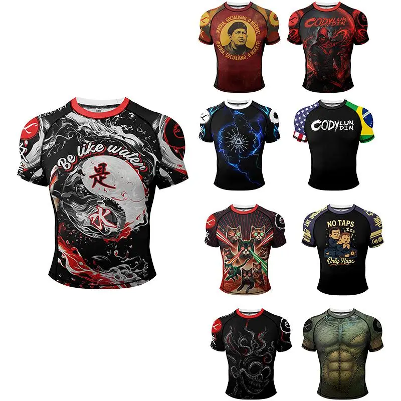 Men's 2-Piece Compression Set, Long Sleeve Sublimation Print Rash Guard and Tights for BJJ & MMA, Quick-Drying Polyester Spandex, UPF 50+ (M-XXL), Multi-Size Fit, Polyester Blend