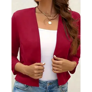 [Long Sleeve Chic Crop Blazer] Elegant Red Long Sleeve Crop Blazer - Chic Open Front, Polyester, Machine Washable, Versatile for All Seasons