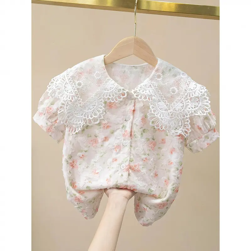 Girls' Summer Lace Trim Puff Sleeve Blouse - Sweet Floral Print Chiffon Shirt with Contrasting Lace Collar, Short Sleeve Casual Top Teens (Machine Washable), Lace Blouse