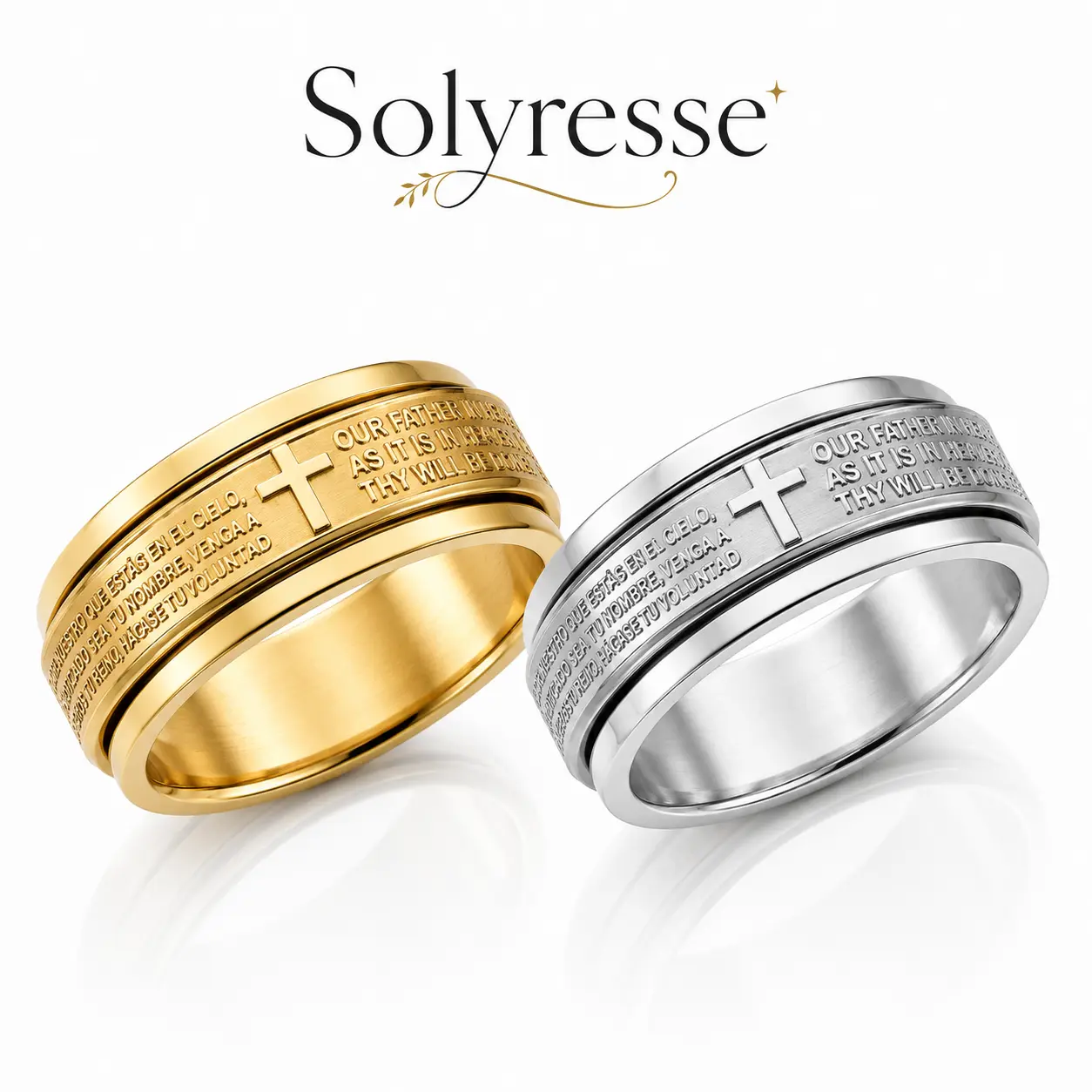 Men’s Christian Spinner Ring, Silver-Tone Rotating Center Band with Cross and Engraved Prayer Text, Wide Faith-Inspired Statement Ring for Daily Wear