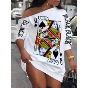 Women's Fashion Playing Card Graphic Print Statement Drop Shoulder Dress, Casual Style One Shoulder Fitted Short Dress for Daily Outdoor Wear, Women Dress for Spring Fall