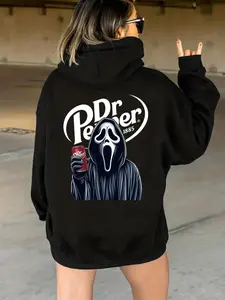 Halloween Ghost Face & Wave Drink Hoodie, Women's Fall Winter Casual Loose-Fitting, Letter Pattern Print Jacket, Drippy Skull Hoodie