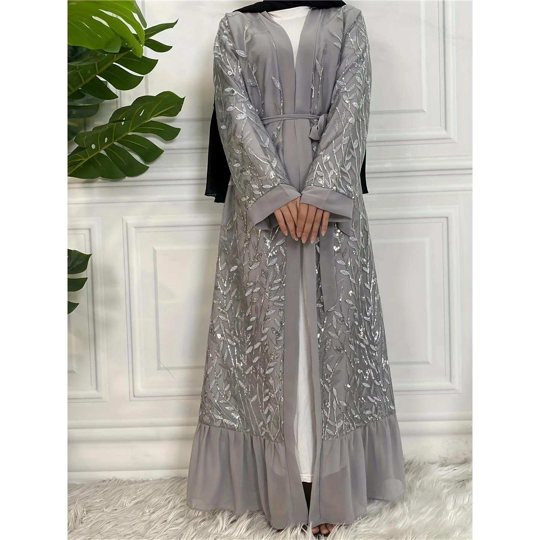 Elegant Abaya for Women with Golden Contrast Sequin, Floral Embroidery Sheer Tulle Sleeves, Belted Woven Polyester Evening Gown, Long Sleeve, Elastane, Machine Washable, Chic