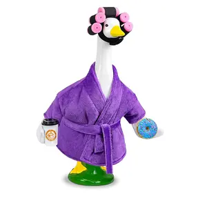 Spa Day Porch Goose Outfit – Purple Plush Bathrobe with Pink Curlers, Coffee Cup & Sprinkle Donut Costume for 17/23" Lawn Cement Geese | Funny Spring/Summer Garden Decor