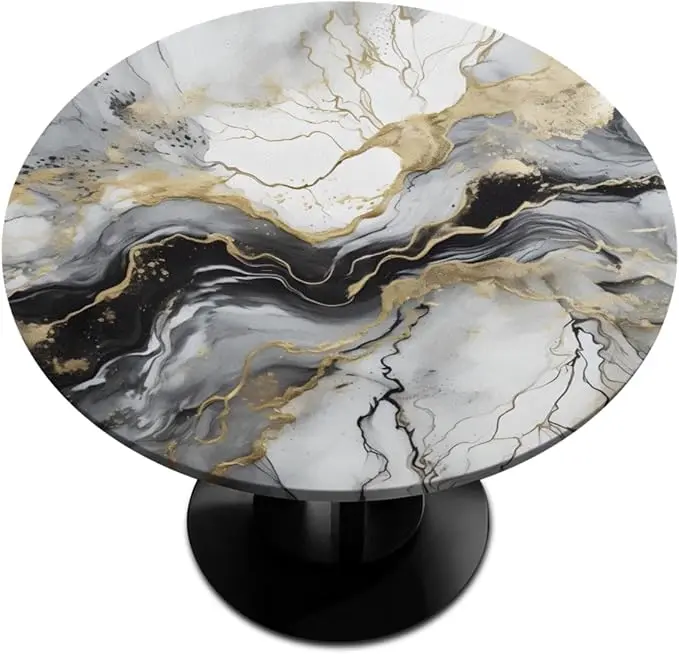 Black White Gold Marble Elastic Drawstring Fitted Round Tablecloth - Waterproof, Stain-Resistant Polyester Stretch Cover With Elastic Edge, Non-Slip No-Hang Fabric Fits 36-42 in Round Tables for Kitchen, Cafe Indoor Decor
