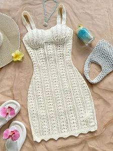 Women's Vintage Crochet Bodycon Dress, Tie Back Wave Hem Shoulder Straps, Beach/lunch/breakfast Vacation