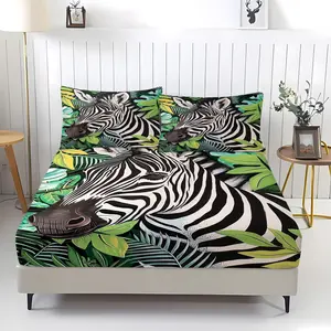 Texture zebra green plant printed pattern bedsheet, including 1 bedsheet and 2 pillowcases, anti slip dust cover suitable for bedrooms and guest rooms, suitable for personal use or gift giving