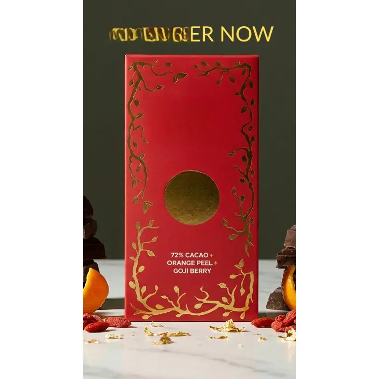Dark Chocolate + Orange Peel + Goji Berry + Edible Gold - 72% Cacao Functional Chocolate Bar for Prosperity & Health - Vegan, Gluten-Free, Non-GMO Gift