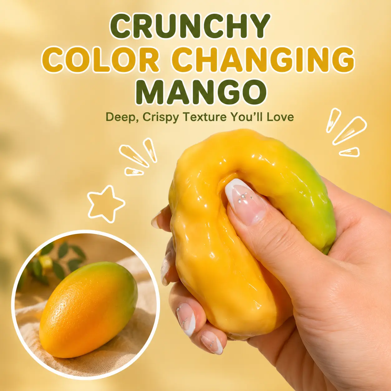Color-Changing Crunchy Mango Squishy Stress Ball,  Squeeze Toy, Brick-Filled Crispy Cracking ASMR Sensory Fidget Toy, Stress & Anxiety Relief, Satisfying Squeeze Toy for Adults & Teens, Birthday Gift & Party Favor