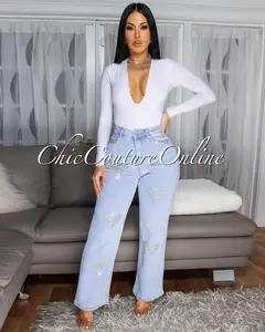 *Shaila Light Denim Rhinestones Hearts Wide Legs Jeans