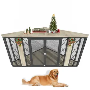 67" Corner Wooden Dog Crate Furniture with Diamond Metal Decoration, Pet Kennel for Small, Medium and Large Dogs, Space-Saving Dog Cage for TV Stand