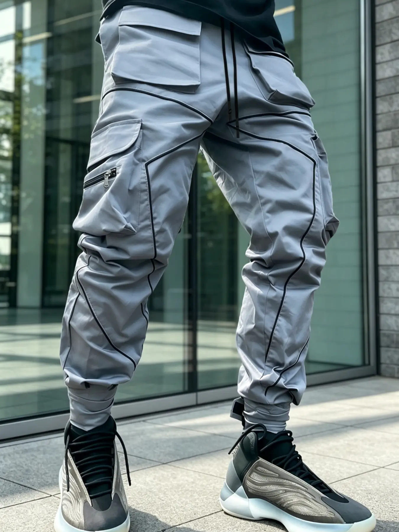 Men's Polyester Casual Athletic Long Pants, Athleisure Pants, Athleisure Style Bottoms, Korean Style Breathable High Waist Straight Leg, Multi-Pocket Reflective Trousers for All Seasons