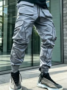 Men's Polyester Casual Long Pants, Korean Style Breathable High Waist Straight Leg, Multi-Pocket Reflective Trousers for All Seasons