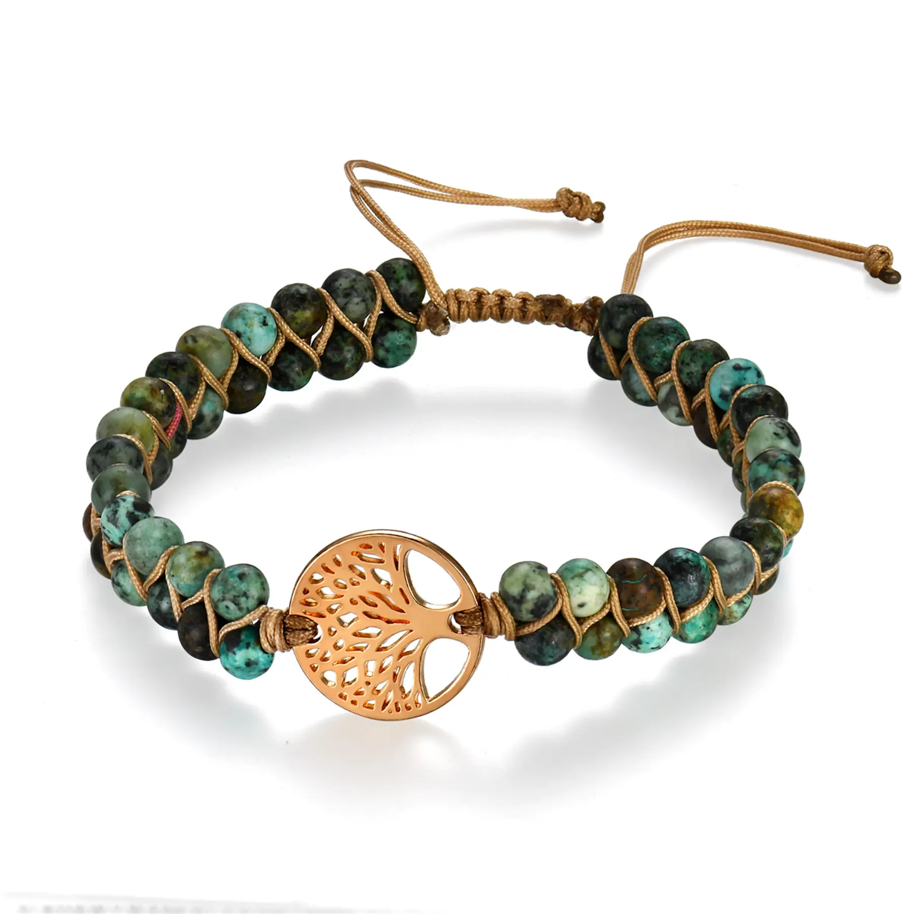 OIDEA Women's Bohemian Tree of Life Bracelet with African Turquoise, Adjustable Double-Layer Braided Cord, Spiritual Yoga Gift Symbolizing Growth, Adjustable Inner Circumference 6.1" To 9.84", Charm Diameter 0.59", Female, Natural, One-Of-A-Kind Treasure