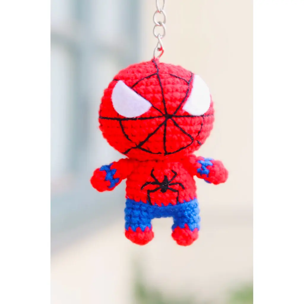 Handmade Crochet Spider Hero Keychain – Cute Red and Blue Mini Yarn Character Doll Bag Charm for Backpack, Purse, Key Ring, Party Favor and Everyday Gift