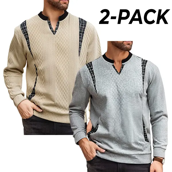 Two-piece set: men’s top featuring a patchwork V-neck design—casual, breathable, versatile, solid color sweatshirt; new autumn/winter menswear.
