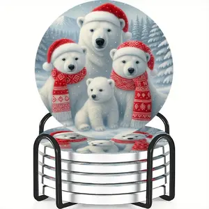 6-Piece Christmas Bear Family Ceramic Coasters Set, Non-Slip Heat Resistant, Ideal for Coffee & Drink Home Decor, Perfect Gift