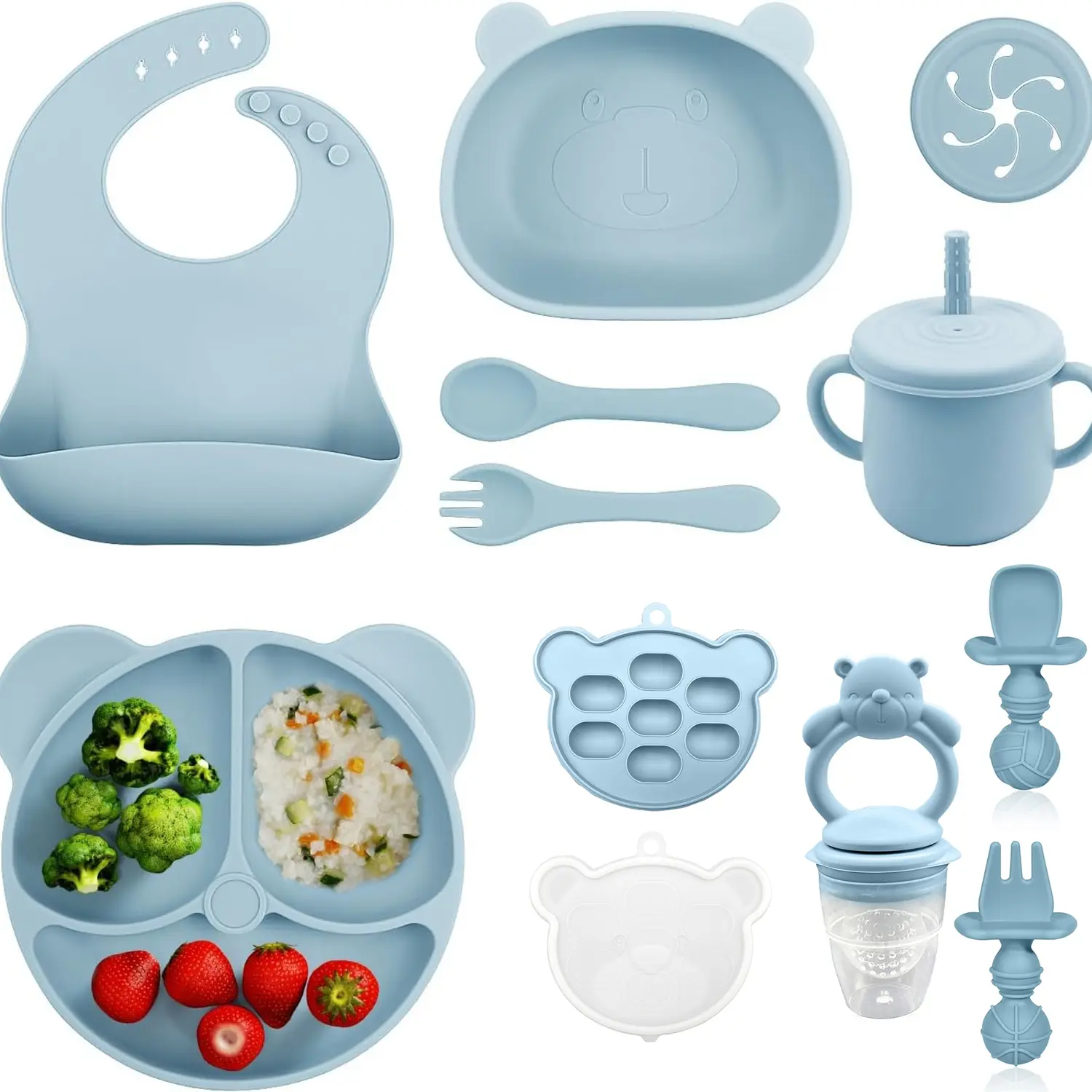 Bear Design Silicone Feeding Set, Feeding Essentials Kit, 11pcs/set Baby Feeding Bowl & Spoon & Fork & Bib & Straw Cup & Snack Cup & Ice Cube Box, Baby Dinnerware Set, Silicone Plate, Silicone Feeding Utensils