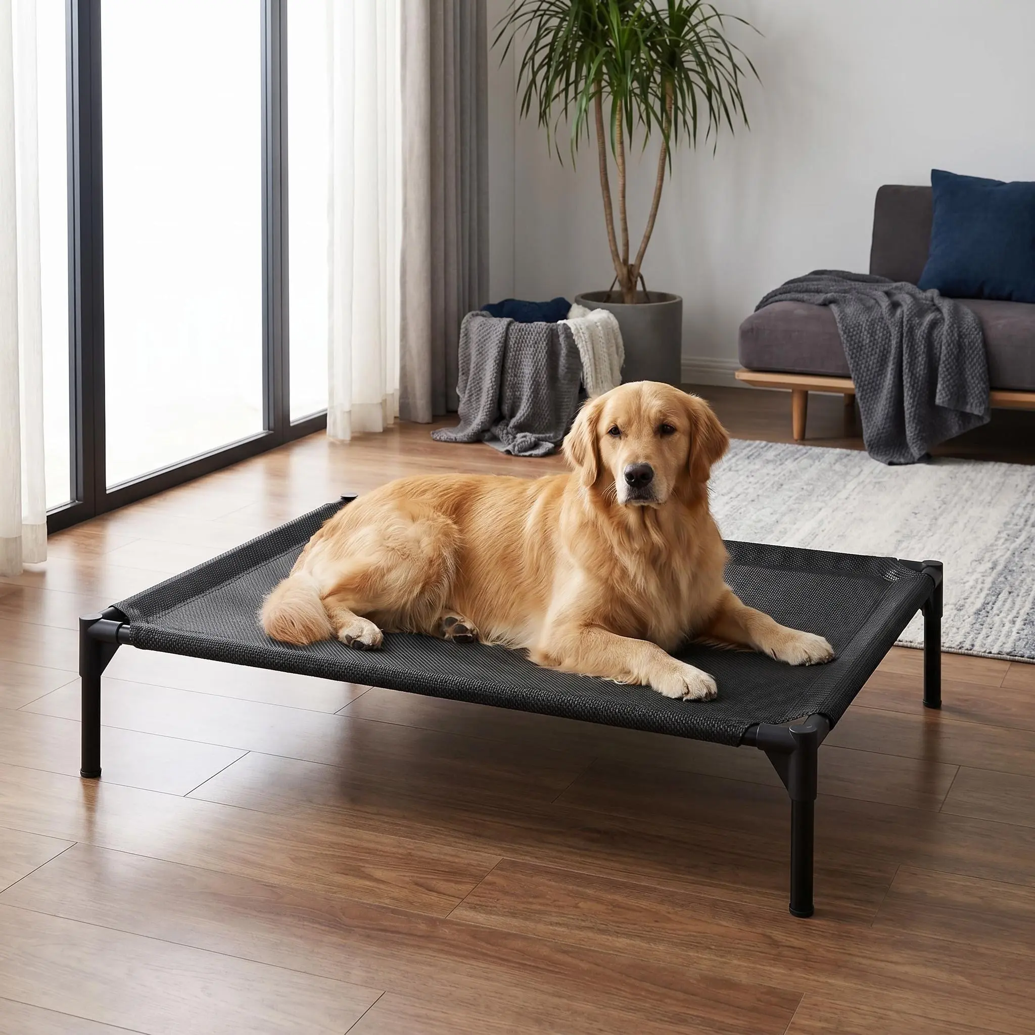 Elevated dog bed for large dogs, made from breathable Oxford mesh fabric with a sturdy frame—this cool pet bed is easy to clean and can be used indoors and outdoors, earning favor among pet owners who enjoy outdoor activities; the frame is portable and du