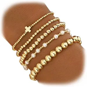 14K Real Gold Plated Gold Beaded Bracelets for Women, Dainty Pearl Bead Non Tarnish Trendy Stackable Ball Cross Stretch Bracelet Set Fashion Jewelry Gifts