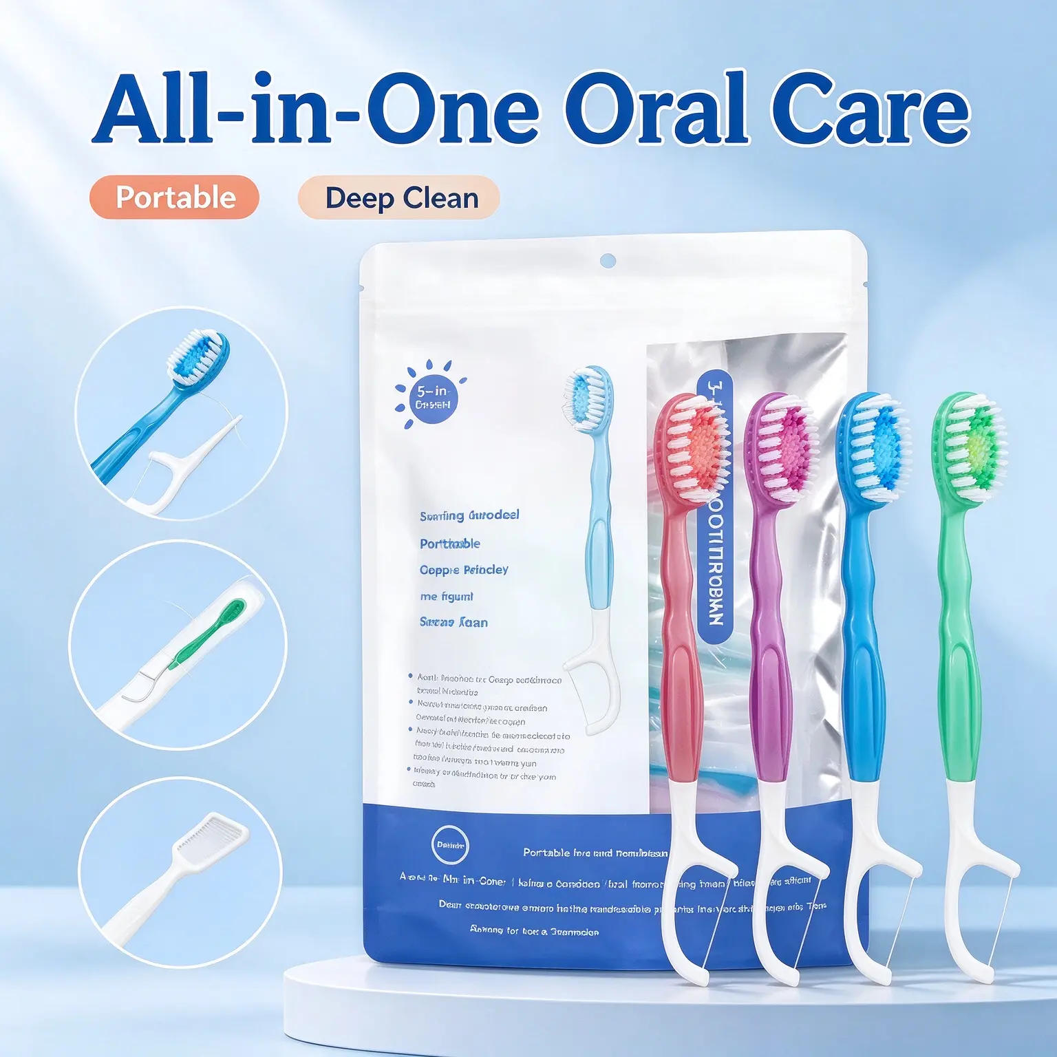 5-in-1 Disposable Mini Toothbrush with Toothpaste - All-in-1 Oral Care Kit, Portable Individually Wrapped Travel Toothbrush for Fresh Breath