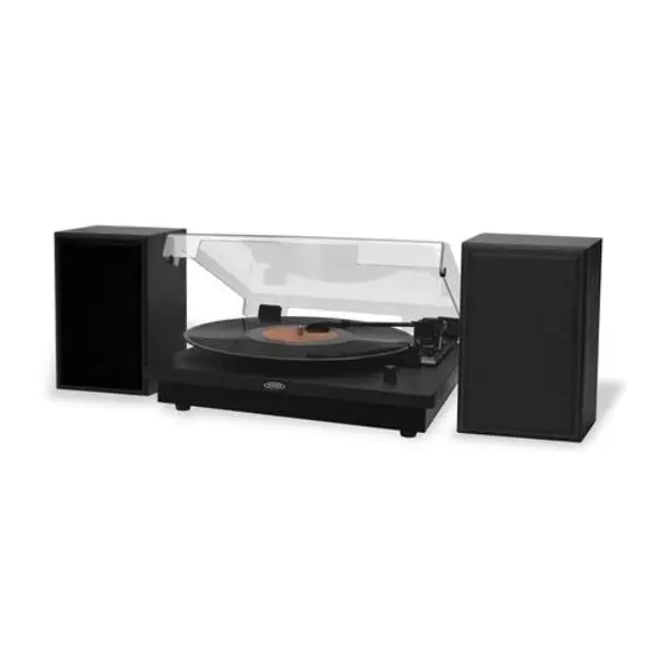 Jensen JEN-JTA-315 3-Speed Stereo Turntable with Bluetooth, Metal-Built Audio System, Digital Compatibility for Smartphone & MP3 Playback, Black Speakers