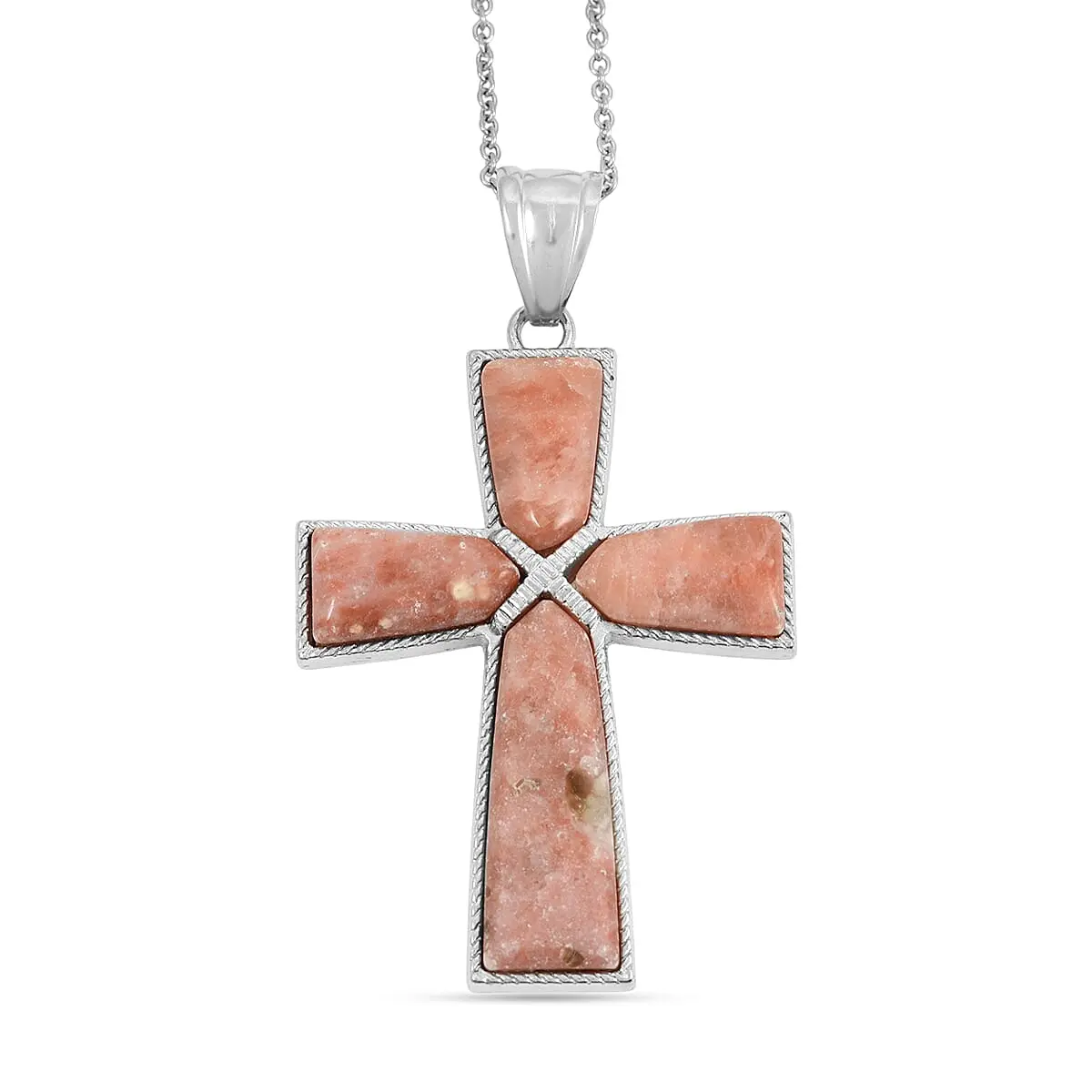 Chili Jasper Cross Pendant in Silvertone with Stainless Steel Necklace (20 Inches) 19.00 ctw