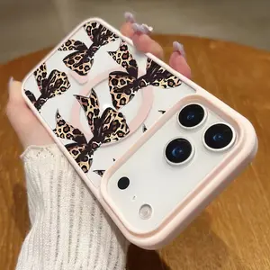 Leopard print bowknot pattern, shockproof and anti-slip phone case with MagSafe charging support, compatible with iPhone 17, 16, 15, 14, 13, 12, 11, XS, X, Samsung and other series models. Makes a great gift for friends or family.