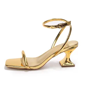 Women's Mysoft Metallic Strappy Gold Heels - 3in Square Open Toe Ankle Strap Sandals for Women, Fashion Footwear for Party & Summer Dress