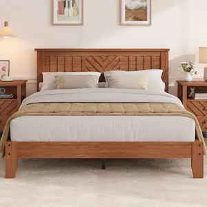 Queen Wooden Platform Bed Frame with v-Pattern Headboard, Wooden Slat Support, Noise-Free Mattress Foundation, No Box Spring Needed, Easy Assembly,Under-Bed Storage, Light Brown