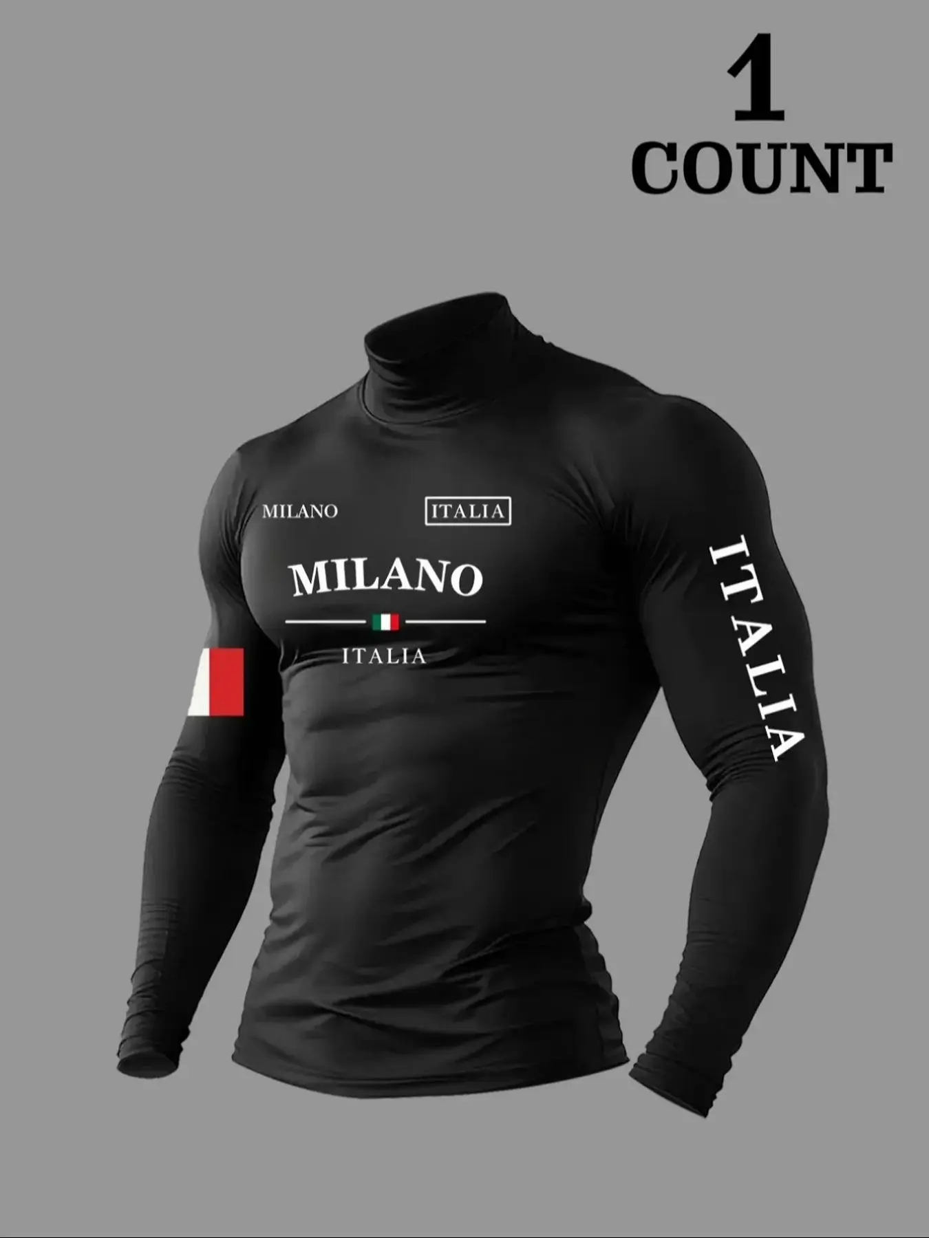 Men's Vintage "Milano Italia" Compression Turtleneck Long Sleeve Top, Athletic Letter Print, Retro European Streetwear Fashion, Athletic Fashion Activewear, Stretch Material, Slim Fit Silhouette, for CrossFit, Running, Fitness Enthusiast