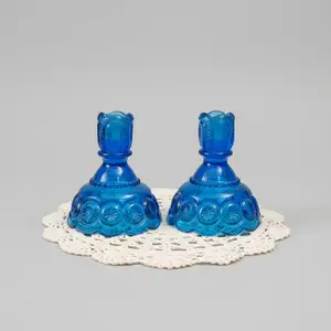 Vintage LE Smith Moon and Stars Colonial Blue Glass Candle Holders Pair MCM Retro