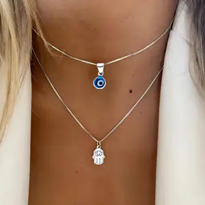 2pcs Evil Eye and Hand Charm Necklace Set- Protective and stylish pendant, vacation style, minimalist necklace, perfect for dating and Casual Attire!