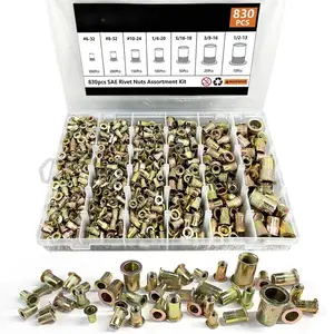 Rivet Nut Tool Kit, 830 count SAE/Metric Rivet Nut Assortment Kit #6-32, #8-32, #10-24, 1/4-20, 5/16-18, 3/8-16, 1/2-13, w Galvanized Carbon Steel Flat  Threaded Insert Nuts (SAE - 830 count)
