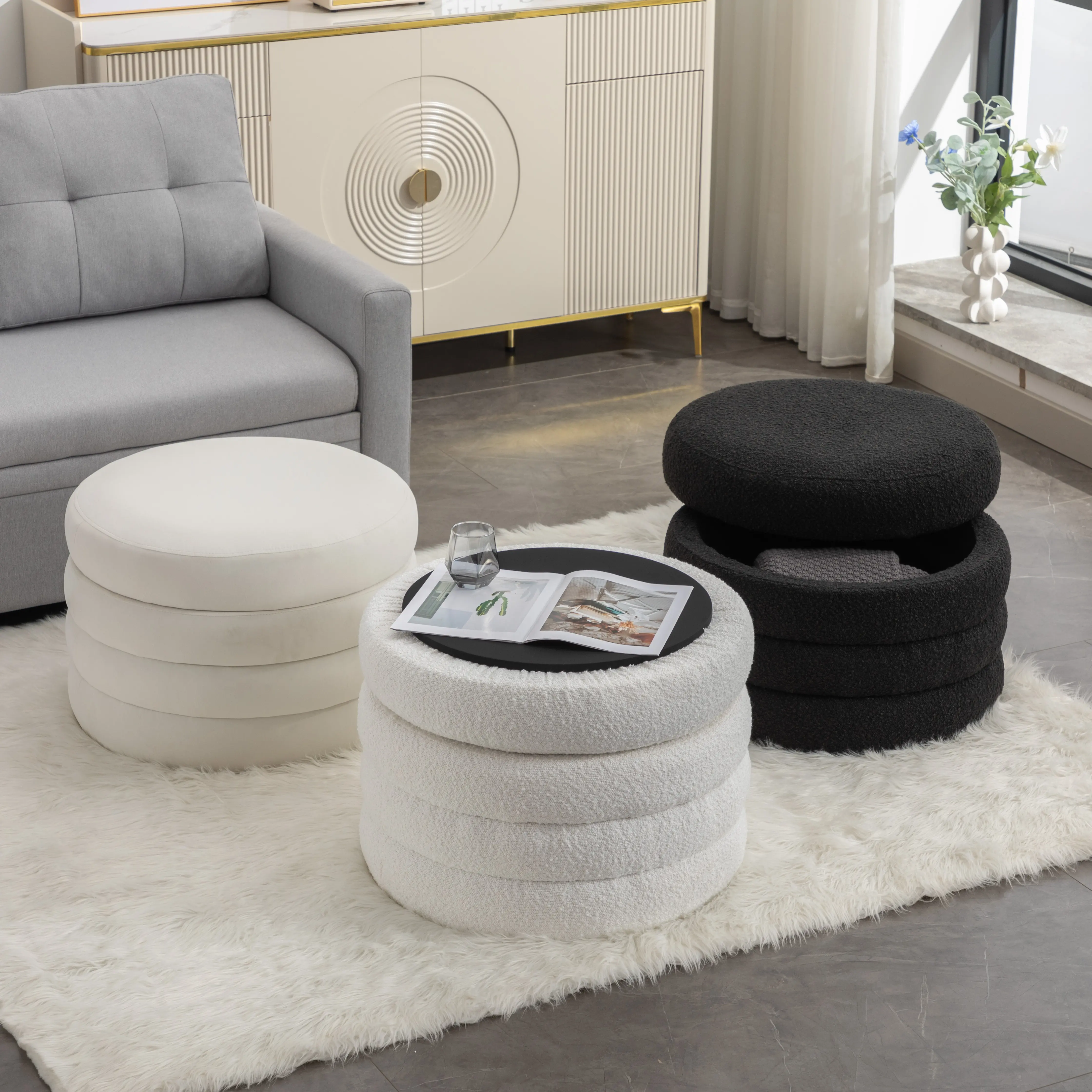 SAVEYOUR Round Velvet Storage Ottoman - Modern Flip-Top Tray Footstool, Upholstered Vanity Chair, Footrest for Living Room, Bedroom (Ivory)