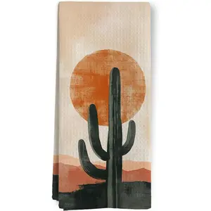 Boho Western Kitchen Towels, Boho Abstract Western Cactus Dish  Towels for Kitchen, Rustic Country Southwest Desert Landscape Decorative Hand Towel for Bathroom Decor, 16x24 Inch