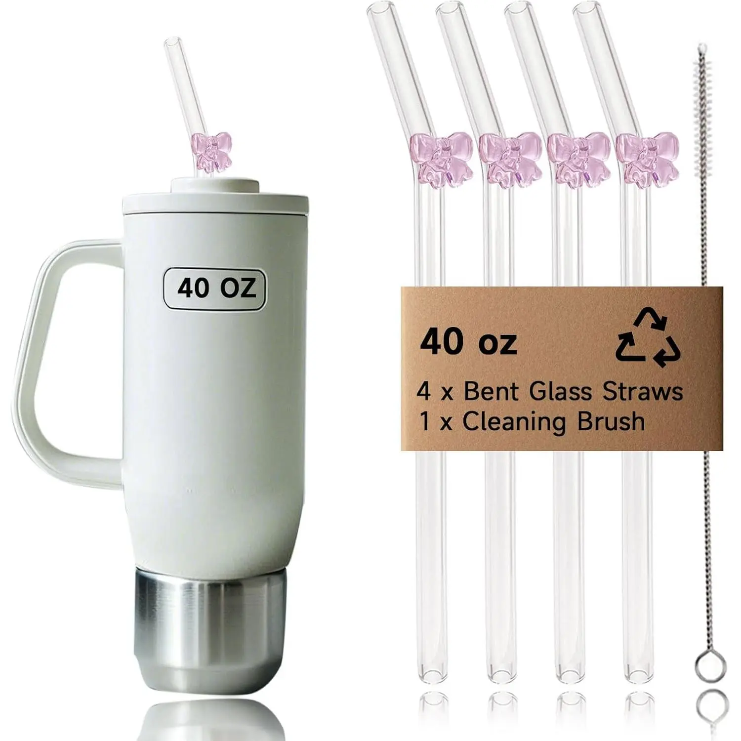 4-Pack 12.2"  40oz Tumblers Straws, Long Glass Straw with Charms,  Bow Replacement Tall Straws/12 in' Cleaning Brush, Coffee,Smoothies, Milkshake, Matcha Lattes, Aesthetic