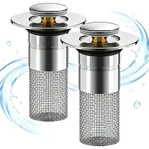 removable stainless steel,2 pcs Pop-Up Bathroom Sink Drain Strainer, Stainless Steel Hair Catcher Basket with Brass Drain Plug, for Bathroom Sinks,  Showers & Floor Drains ,Adjustable, Durable.