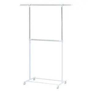 2 Tier Adjustable Chrome Garment Rack with Silver Metal and White Rod for Laundry Accessories Room Hangable