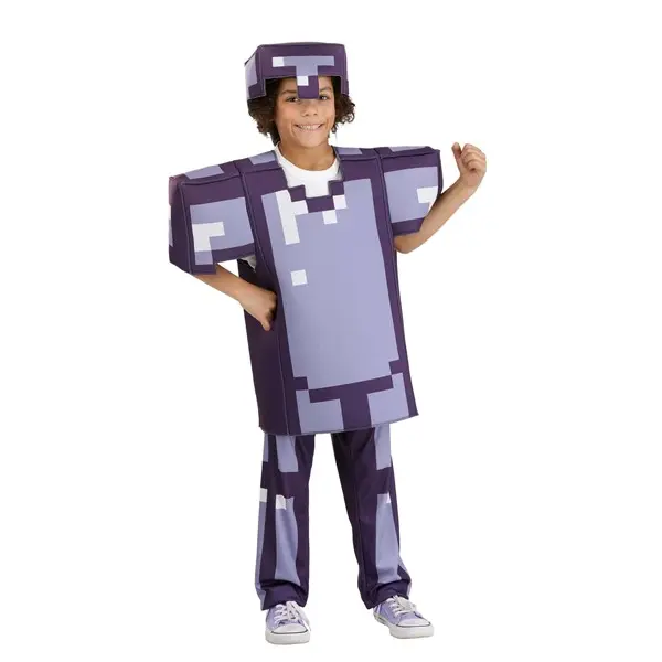 HalloweenCostumes Kid's Deluxe Minecraft Enchanted Diamond Armor Costume, Officially Licensed Pixelated Cosplay Set with Foam Tunic, Pants, and Hat