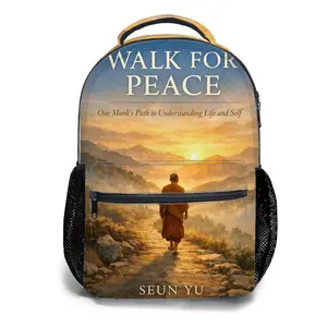Peace Walking Monks and Aloka Dog Walk Backpack for Girls, Y2K Aesthetic School Bag with Front Zipper Pocket, Cute Cartoon Printed Bookbag for Kids and Teens, Lightweight Casual Travel Daypack for Back to School d-202
