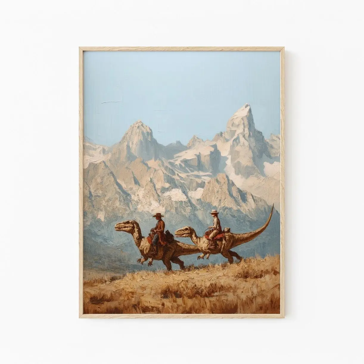 Vintage Cowboy Riding Dinosaur Together Painting Print | Western Jurassic Wall Art | Funny Gift for Him |Frameless Poster 6