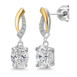 Gem Stone King 3 Cttw IGI Certified Oval Lab Grown Diamond Dangle Earrings For Women In 925 Silver and 10K Yellow Gold | D-E Color | VS1-VS2 Clarity