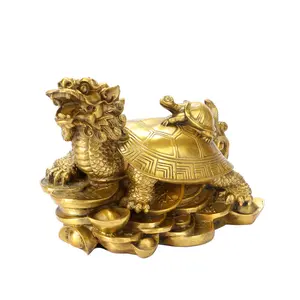 Brass Antique Dragon Turtle Statue | Feng Shui Coin & Bagua Decor | Mother & Child Tortoise Figurine