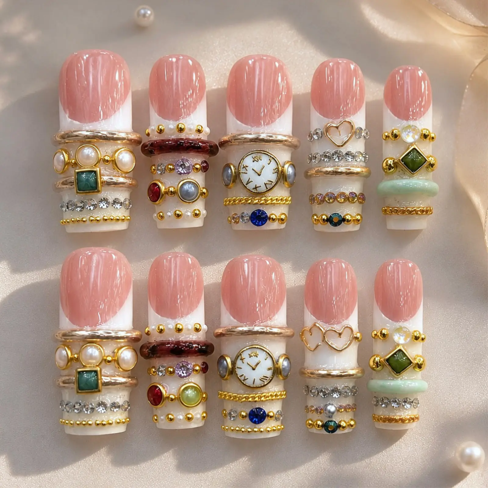 Luxury Jewelry Press On Nails, Pink French Tips, Watch Pearl Gem Design, Gold Statement Handmade Elegant Nail Set