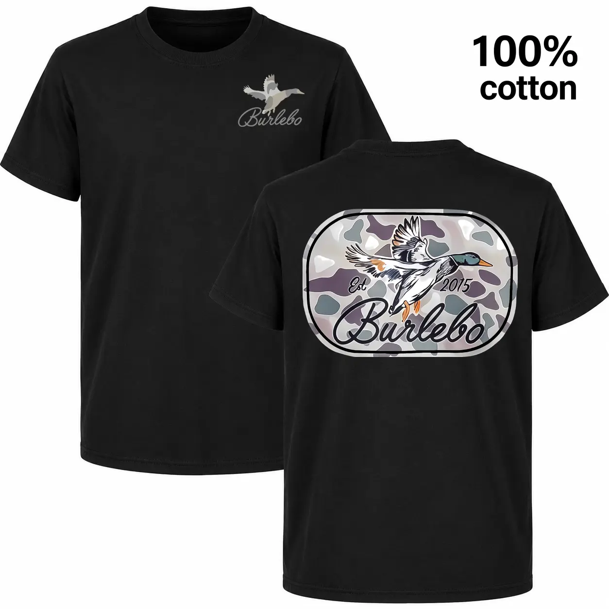Burlebo Est. 2015 Mallard Duck Camo Back Print 100% Cotton Outdoor T-Shirt