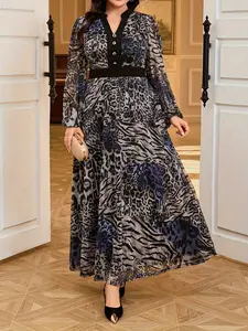Women's Plus Size Fashion Chic Casual Mesh Print Elegant Dress, Long Sleeve Loose-Fitting Floral Midi Dress for All Seasons, Womenswear