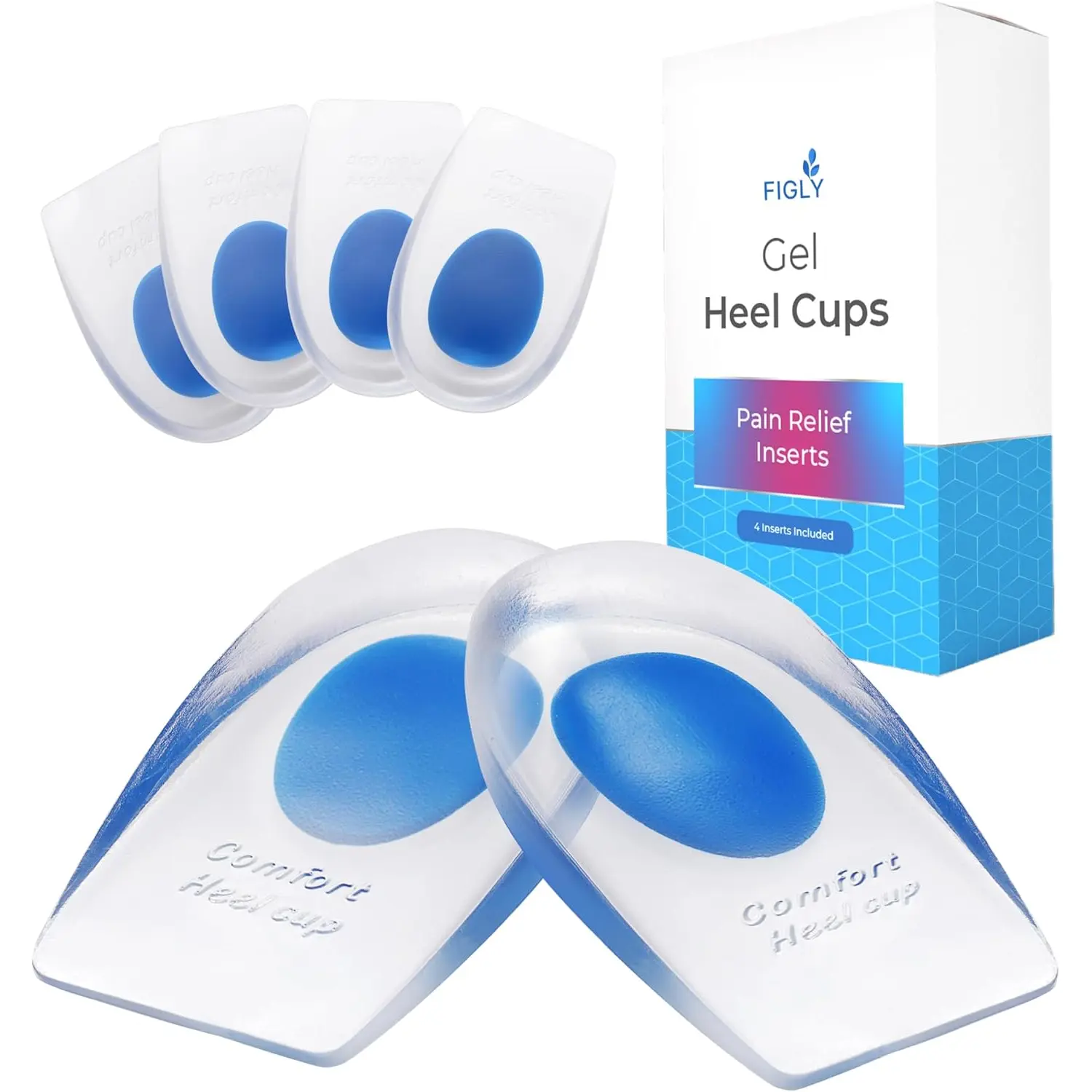 Figly Heel Cushions for Heel Pain Relief (4 Pack) - Gel Heel Cushion Inserts, Gel Heel Cups Heel Pain Relief, Heel Pads Shoes, Heel Support Heel Inserts Men Women Plantar Fasciitis Heel Cup Heel Spur