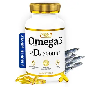 Omega 3 Fish Oil with Vitamin D3 5000 IU, Omega-3 1000mg Triglyceride Formula with EPA & DHA for Heart, Brain & Immune Support, 90 Softgels
